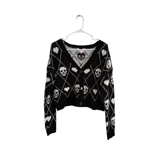 No Boundaries Juniors L Cropped Cardigan Sweater Skull Heart Gothic Emo Y2k Punk - Picture 1 of 6